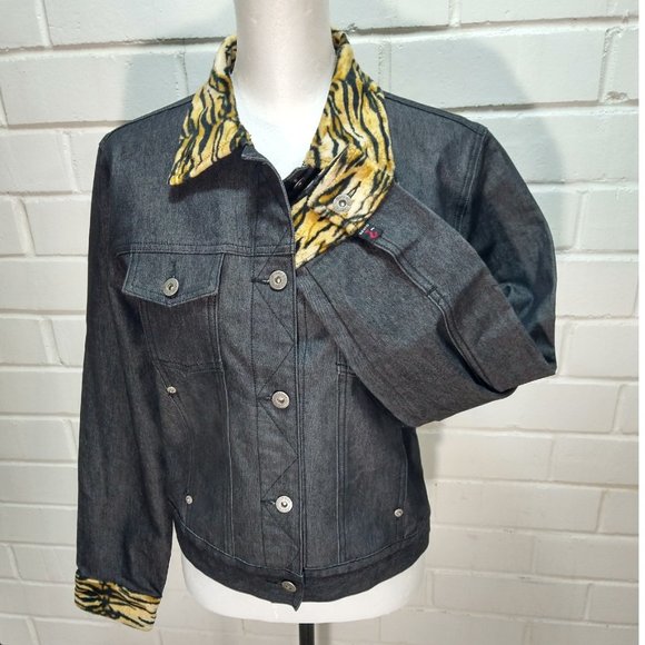 GUESS Black Denim Jacket Animal Print Trim Collared Womens Size M  CLEARANCE! - Picture 3 of 11